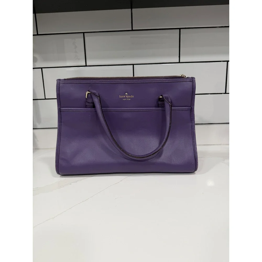 Kate Spade New York Purple Leather Satchel Zip Top Tote Bag Silver Hardware